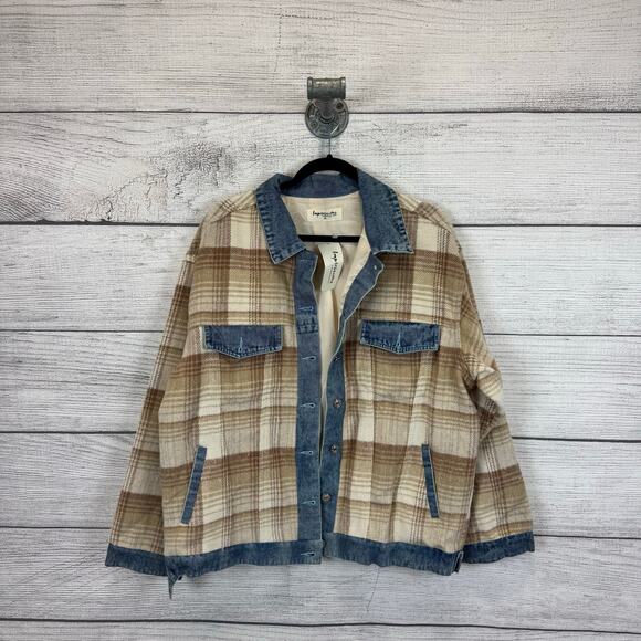 Impressions Plus Size Tan Plaid Denim Trim Fall Shacket Size 1X - Picture 1 of 9